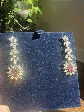 Ruby and clear Swarovski elements custom dangle earrings in antique gold finish